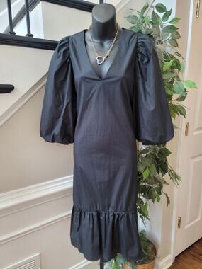 A New Day Midi Dress Women's Medium Black 100% Cotton 3/4 Balloon Sleeves